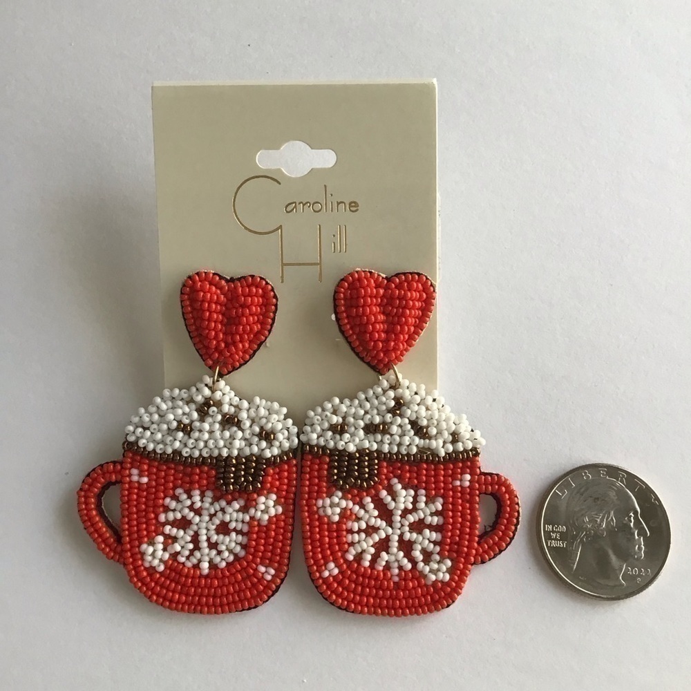 Valentine Pierced Earrings Red Heart Beaded Hot Chocolate Cup Lightweight NEW - Picture 2 of 4